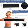 Black high elasticity cooling arm sleeves shown on a model, demonstrating fit for men and women.