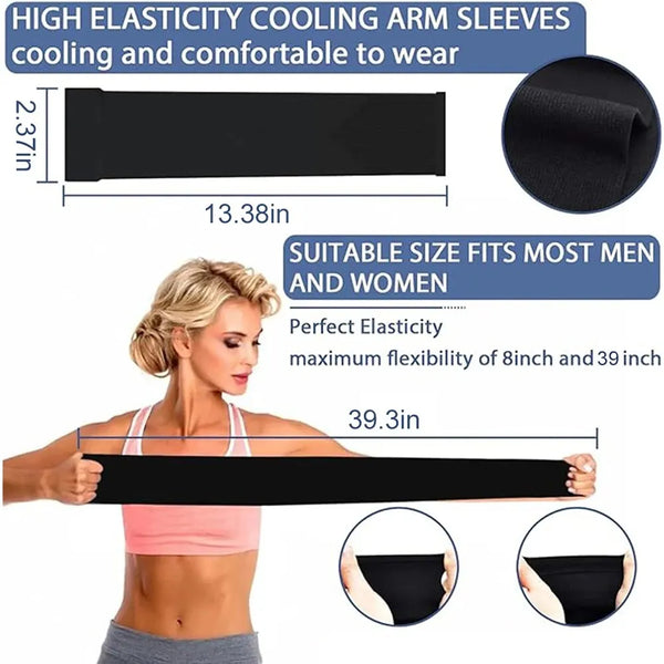 Black high elasticity cooling arm sleeves shown on a model, demonstrating fit for men and women.
