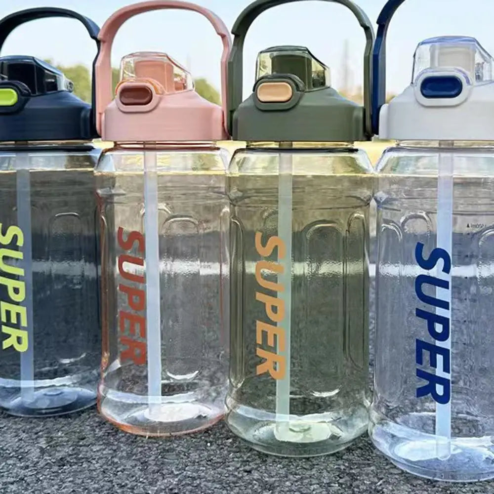 A row of clear insulated sports water bottles in various colors including pink, green, and blue.