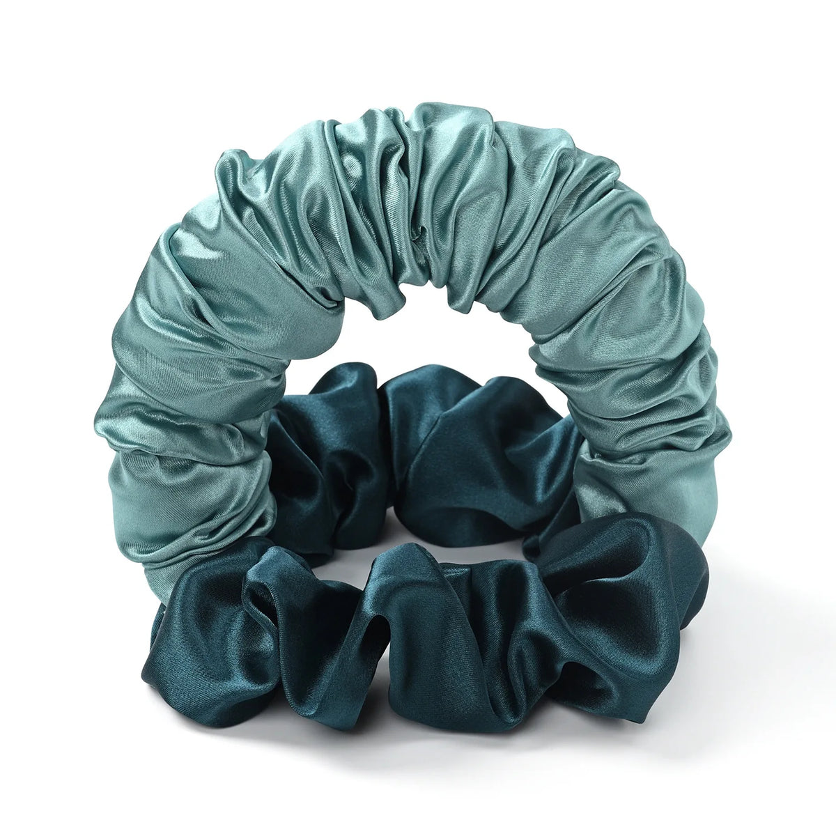 A teal satin heatless curling rod headband with gathered fabric curls.