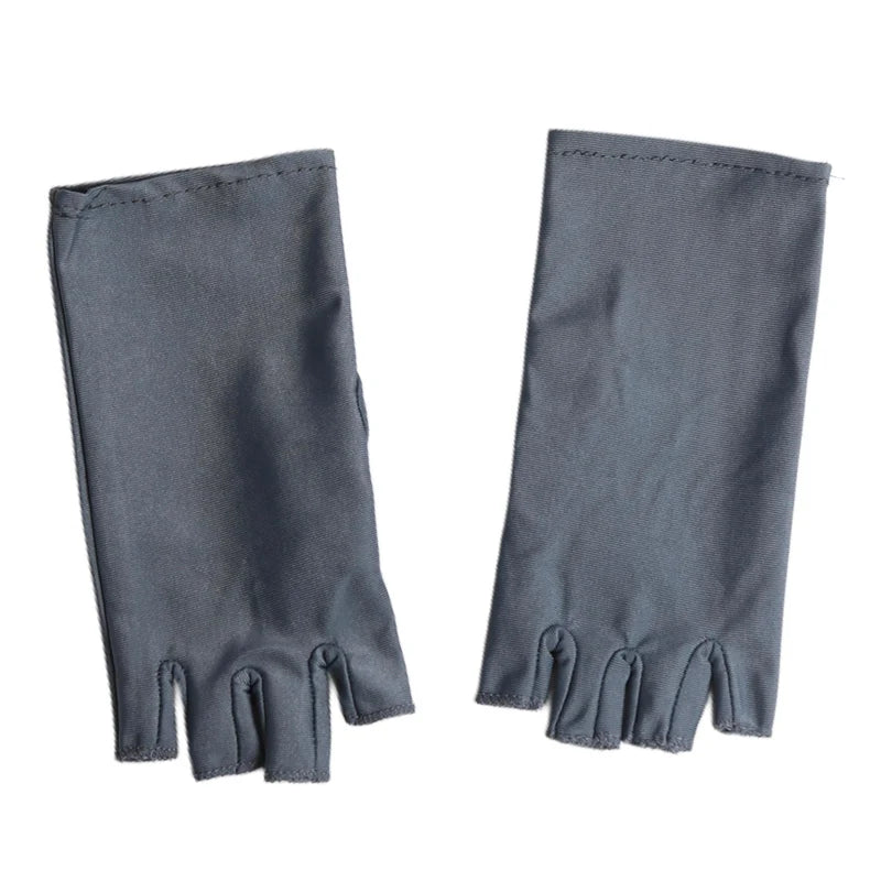 A pair of gray thin stretch elastane gloves shown flat.