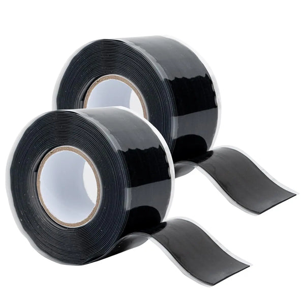 Rolls of black self-fusing silicone repair tape for plumbing and cables