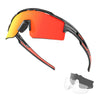 A pair of orange and yellow polarized sunglasses shown with a detached arm, next to a black case.