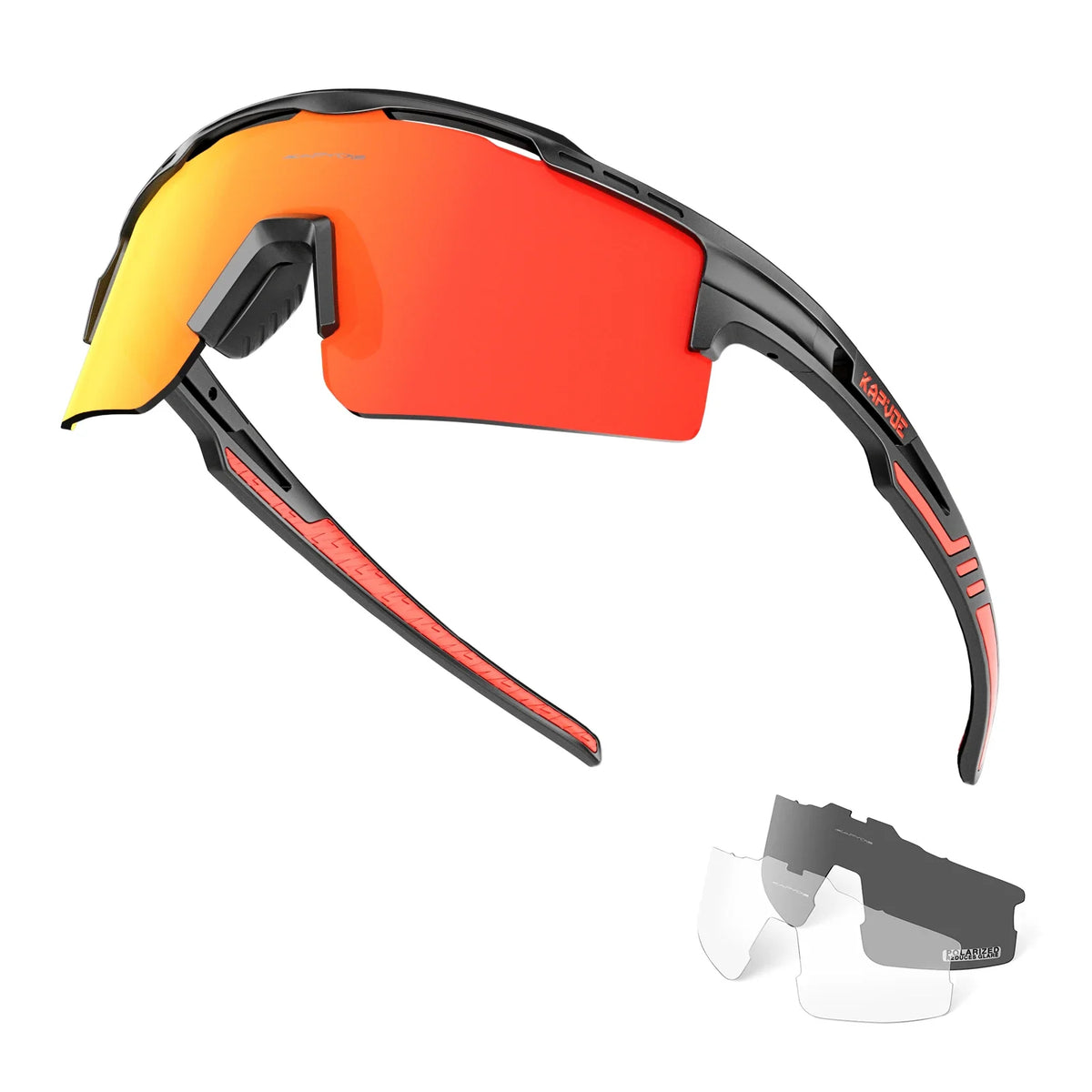 A pair of orange and yellow polarized sunglasses shown with a detached arm, next to a black case.