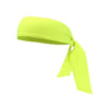 A bright neon yellow breathable sports headband tied in a knot.