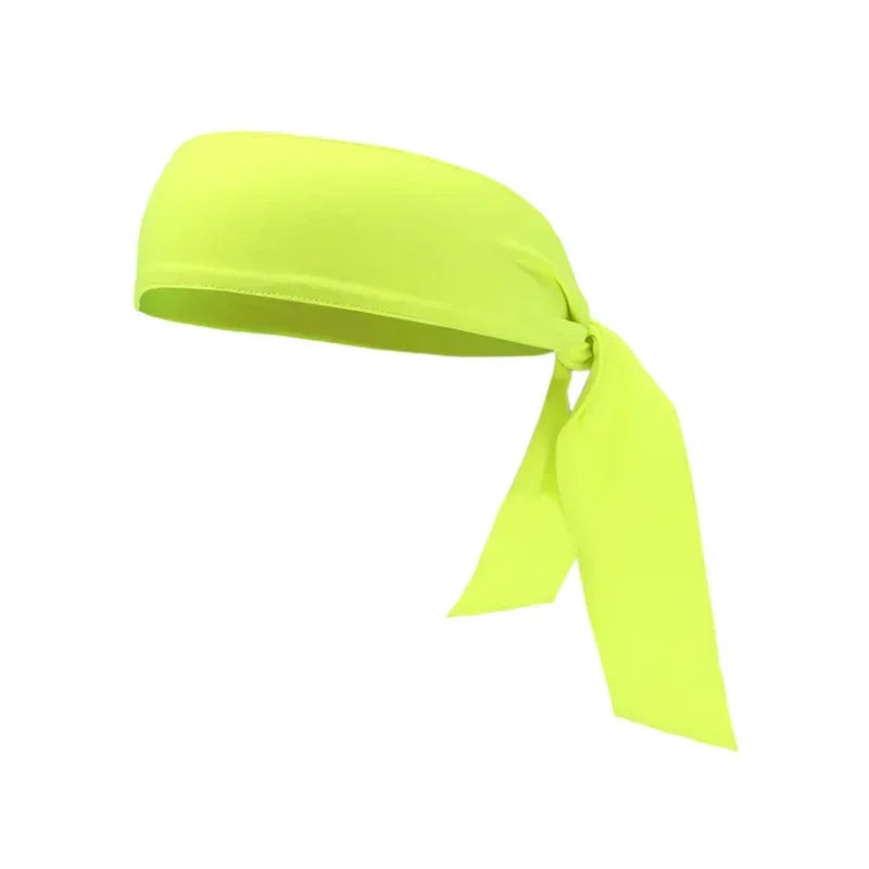 A bright neon yellow breathable sports headband tied in a knot.