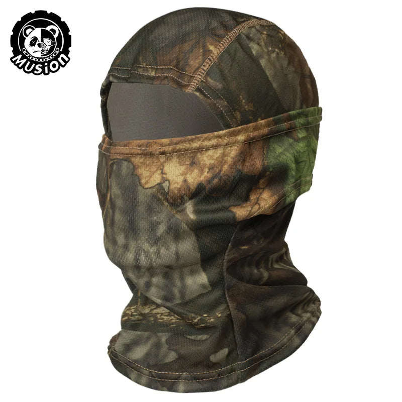 A dark camouflage balaclava face mask with a mesh opening, designed for sun and dust protection.
