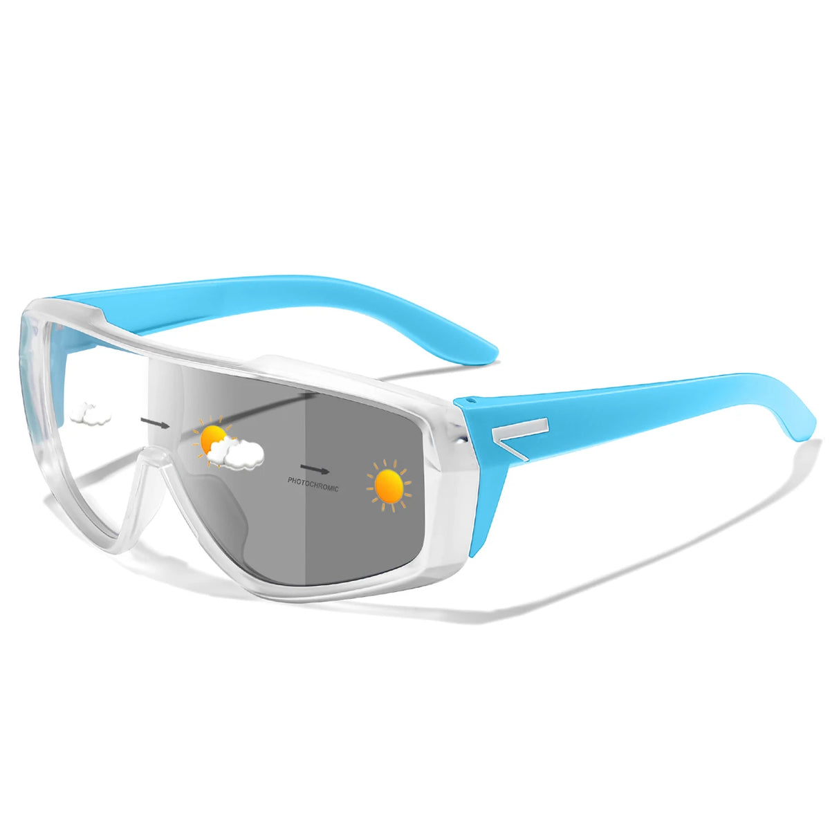 Light blue photochromic sports sunglasses with a clear frame and orange lens tint