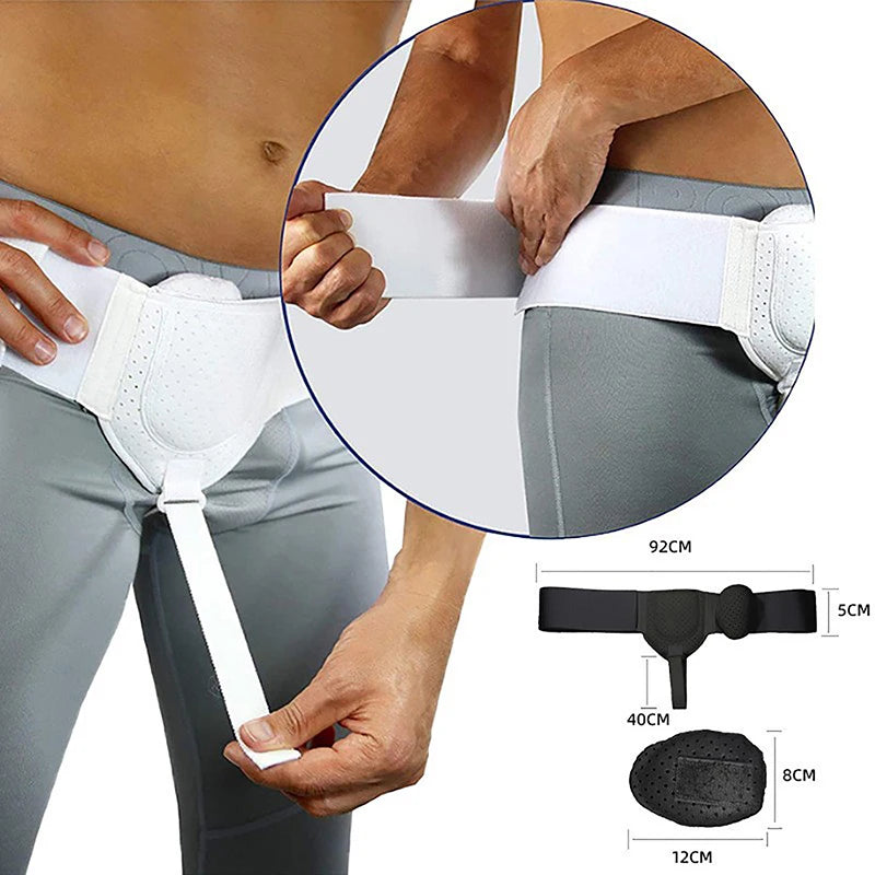Primer plano de un cinturón de hernia blanco puesto alrededor de la cintura de una persona, mostrando su tamaño y diseño.