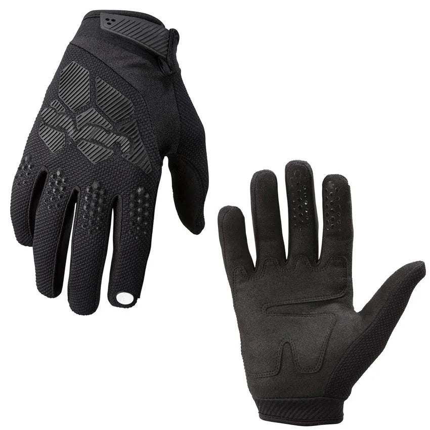 Black heavy duty full finger off-road motorcycle gloves shown from the palm side