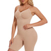 A model wearing a beige full body shapewear bodysuit for slimming.