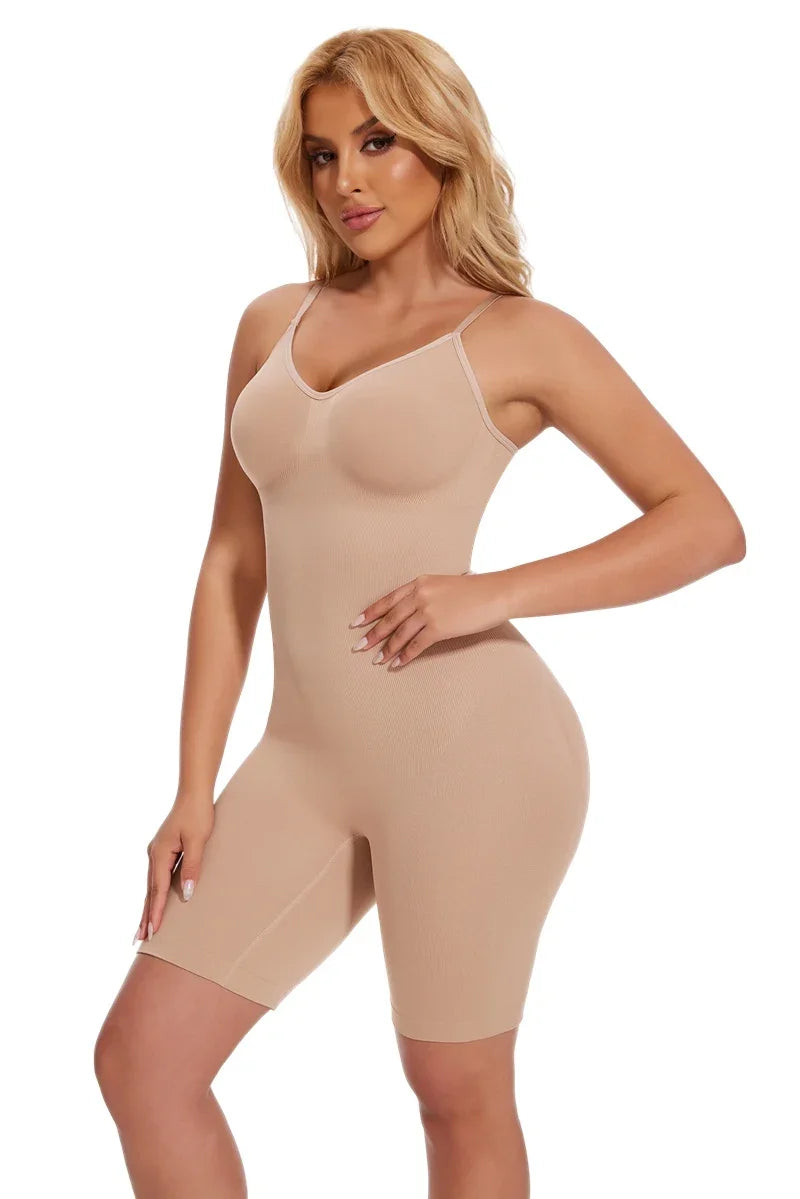 A model wearing a beige full body shapewear bodysuit for slimming.