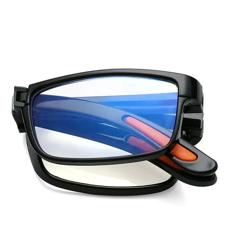 Black folding reading glasses with blue and orange anti-blue light protection lens