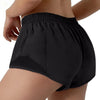 Black women's high-waisted running shorts shown from the side view