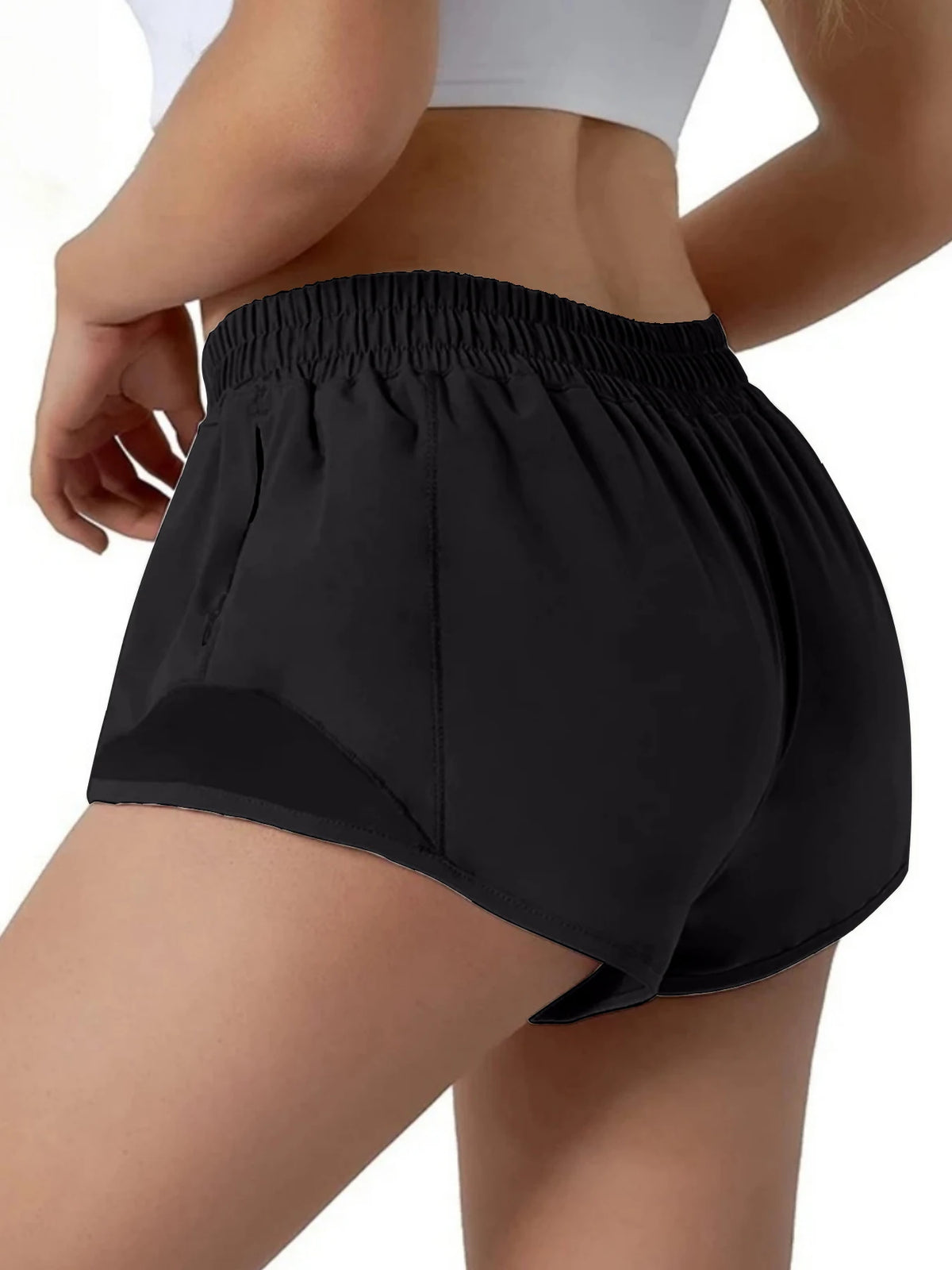 Black women's high-waisted running shorts shown from the side view