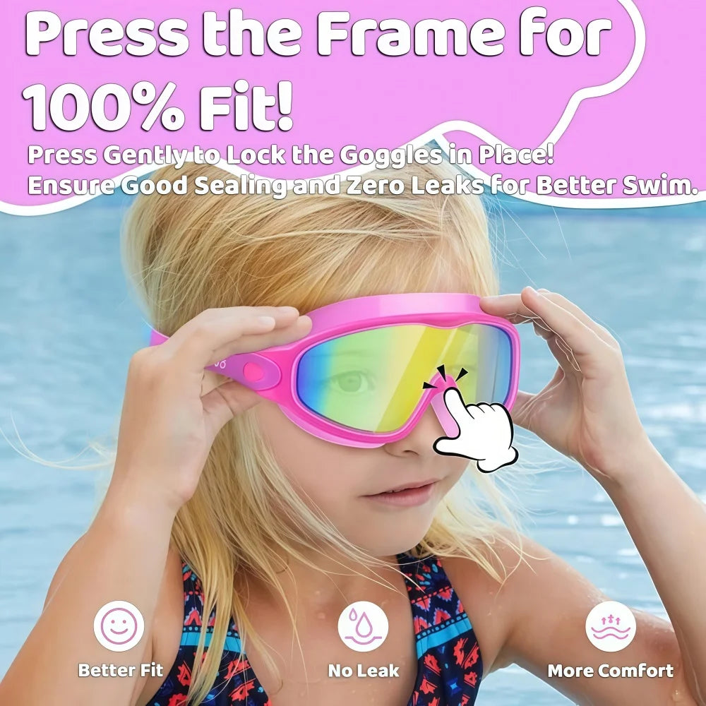 A blonde girl holds a pink swim goggle frame, demonstrating how to press the frame for a secure fit.