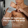 A close-up of a person's wrist showing an elastic fit tight wrap brace for tear injury support.