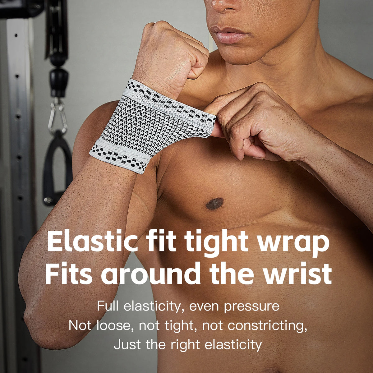 A close-up of a person's wrist showing an elastic fit tight wrap brace for tear injury support.