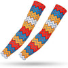 Two colorful striped sports arm sleeves featuring red, blue, yellow, and white chevron patterns.