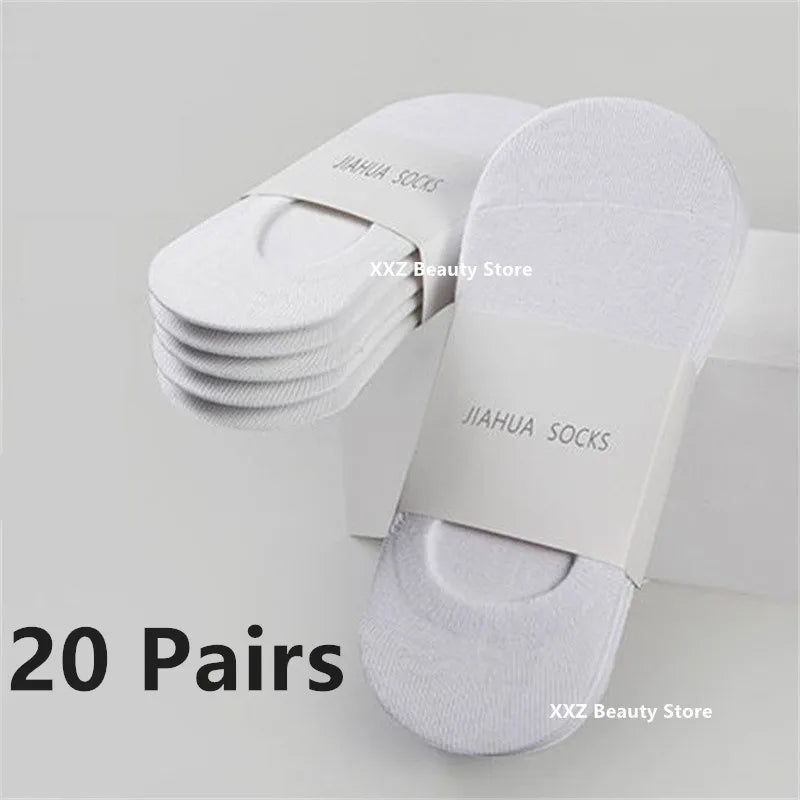 A stack of 20 pairs of white Jiahua socks displayed on a white box.