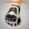 A hand wearing a beige and black alloy shell anti-collision fist shield motorcycle cycling glove.