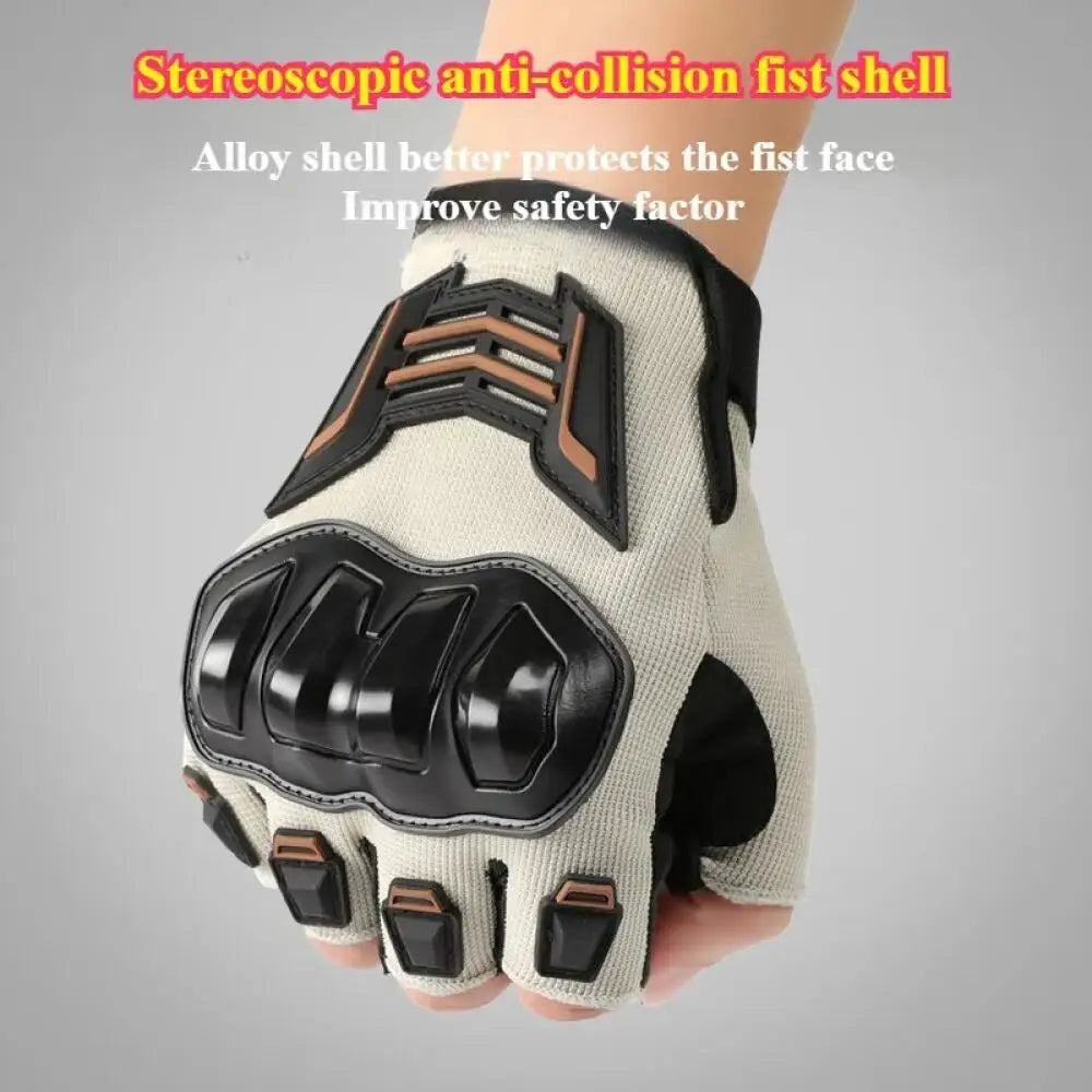 A hand wearing a beige and black alloy shell anti-collision fist shield motorcycle cycling glove.