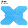 Blue kinesiology tape for knee support, shaped like an 'X' pattern.