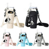A set of neoprene water bottle carrier bags in various colors, including beige, black, pink, blue, and gray, with shoulder st