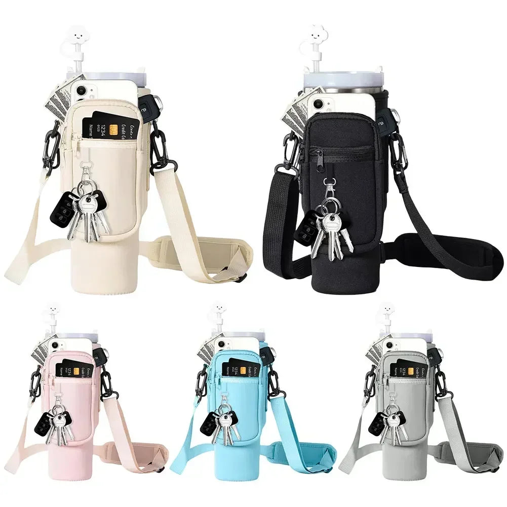 A set of neoprene water bottle carrier bags in various colors, including beige, black, pink, blue, and gray, with shoulder st