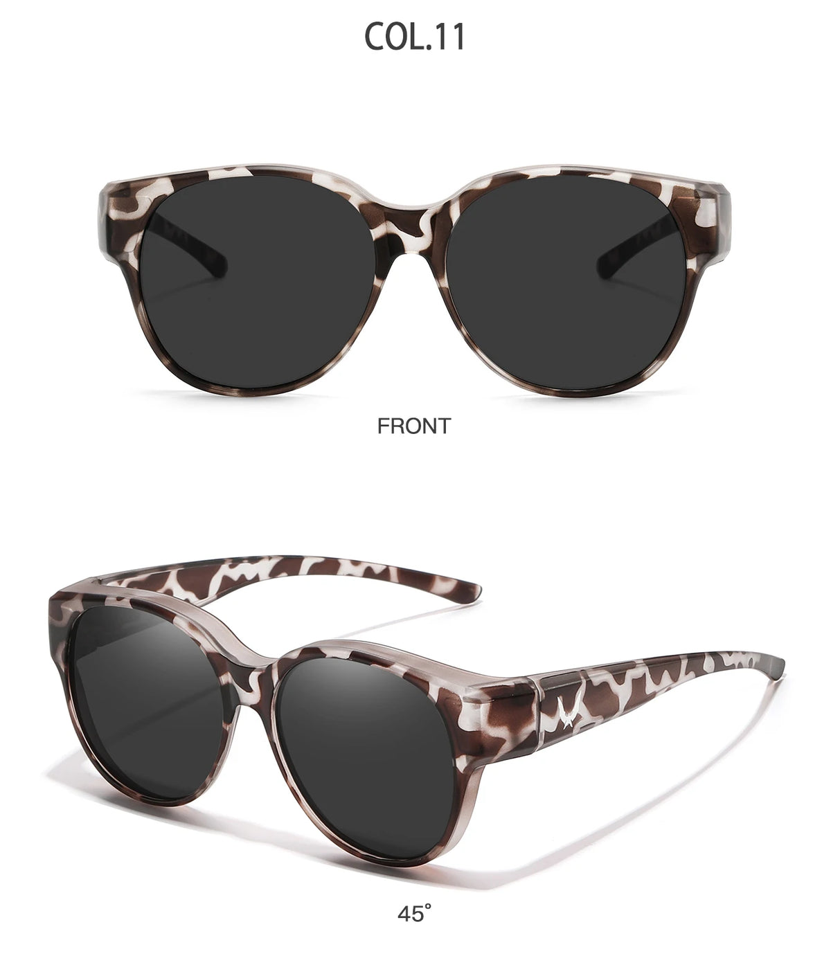 Brown and white patterned round sunglasses shown from the front and at a 45-degree angle.