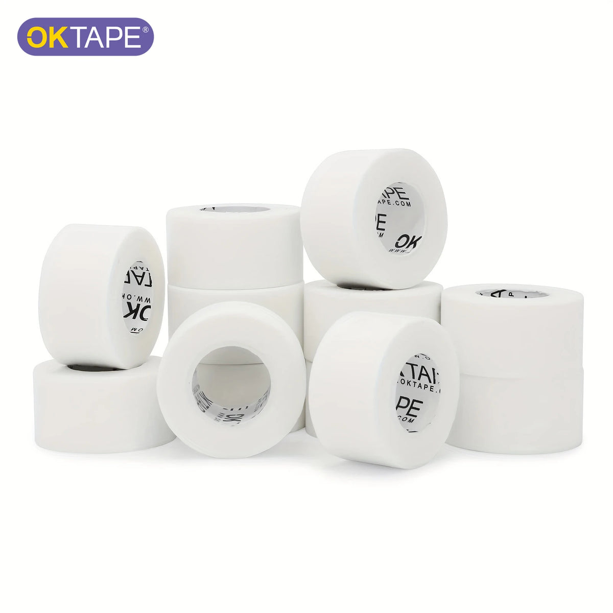 Rolls of white latex-free nonwoven breathable medical tape labeled OKTAPE