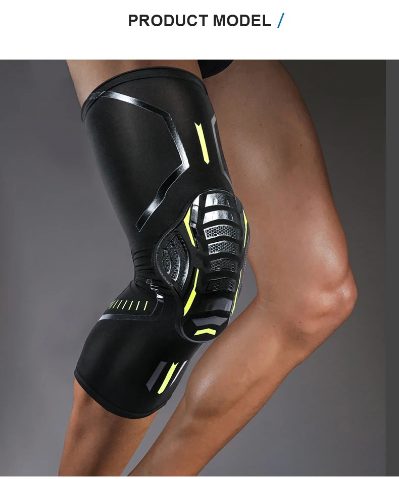 A black performance knee compression sleeve worn on a person's leg.
