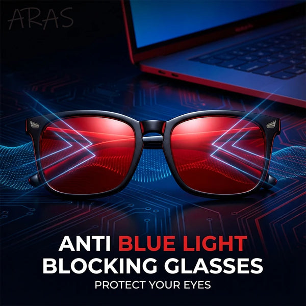 Pair of red anti blue light blocking glasses resting on a dark surface with glowing circuit board patterns.