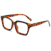 A pair of square tortoiseshell sunglasses with an orange and black leopard print pattern.