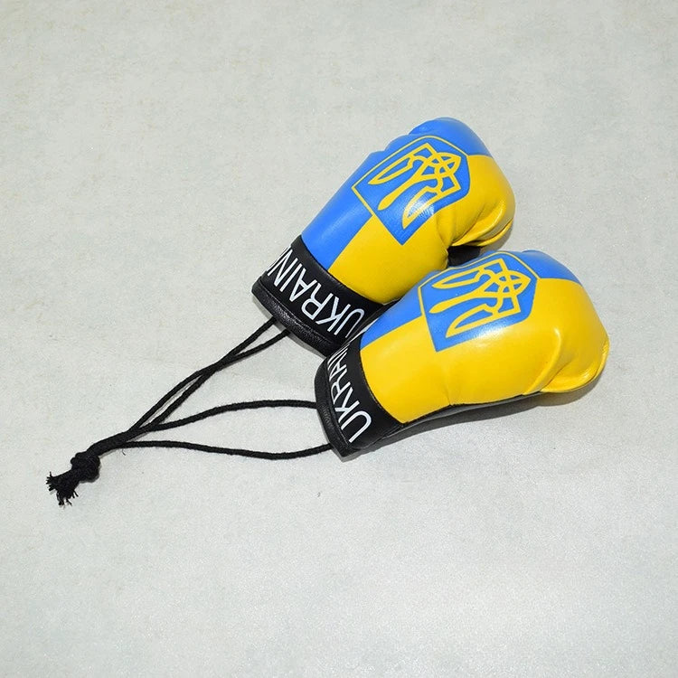 Gelbes und blaues Mini-PU-Leder-Boxhandschuh-Anhänger mit ukrainischem Design