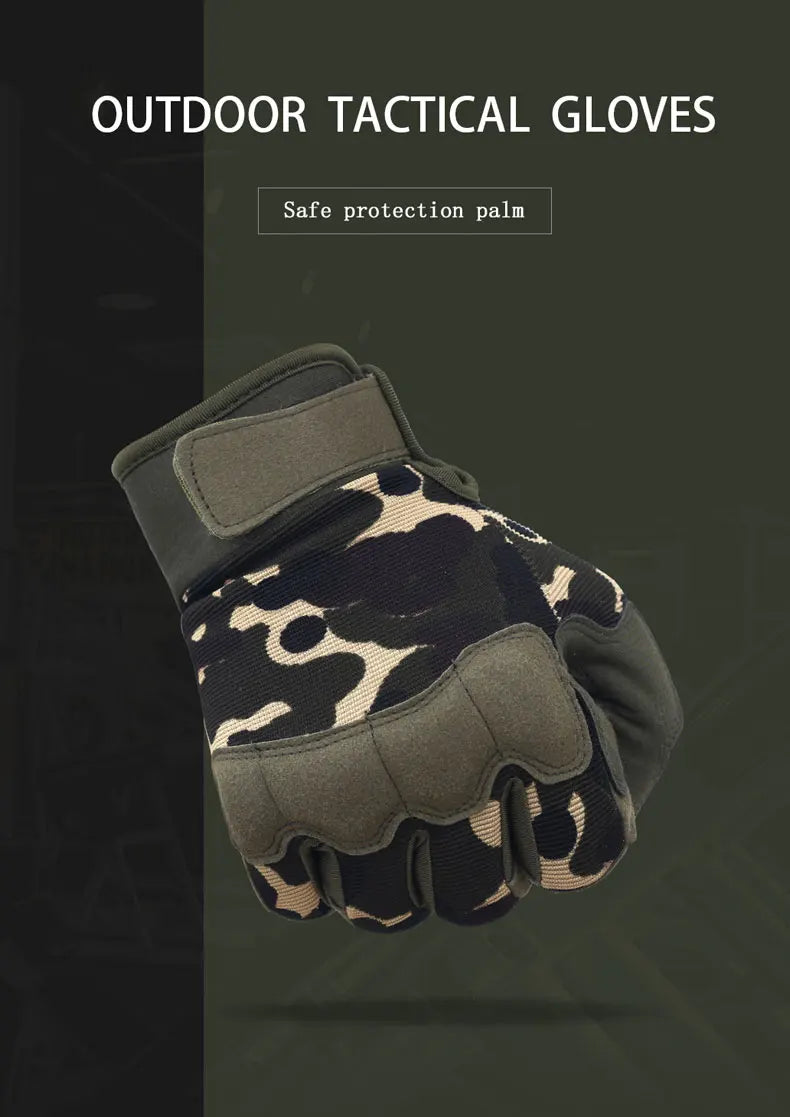 A close-up view of dark tactical gloves with a camouflage pattern and olive green accents.