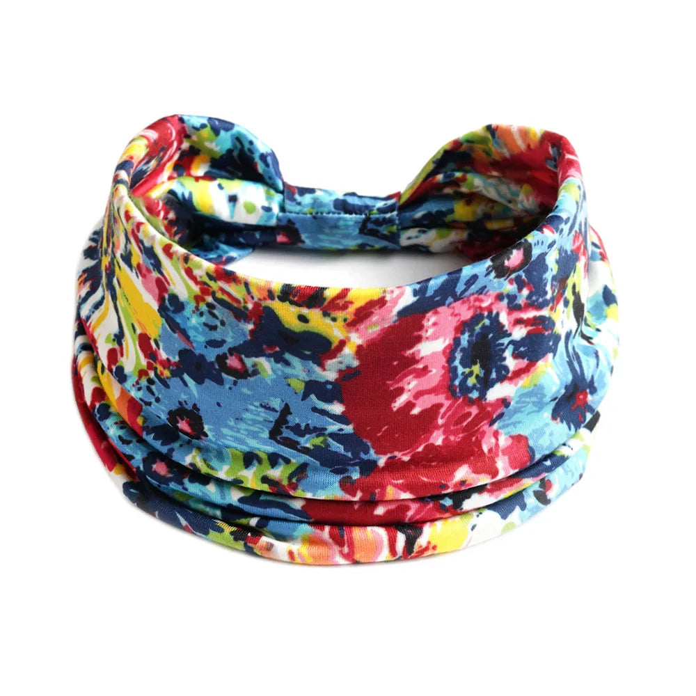 Buntes, blumend gemustertes Yoga-Headband mit breitem Rand und gefaltetem Design