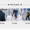 Three panels showing people using All-Weather Sports Gloves for commuting, cycling, and on foot activities in snowy condition