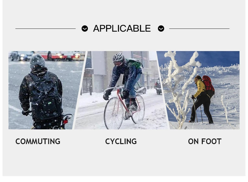 Three panels showing people using All-Weather Sports Gloves for commuting, cycling, and on foot activities in snowy condition
