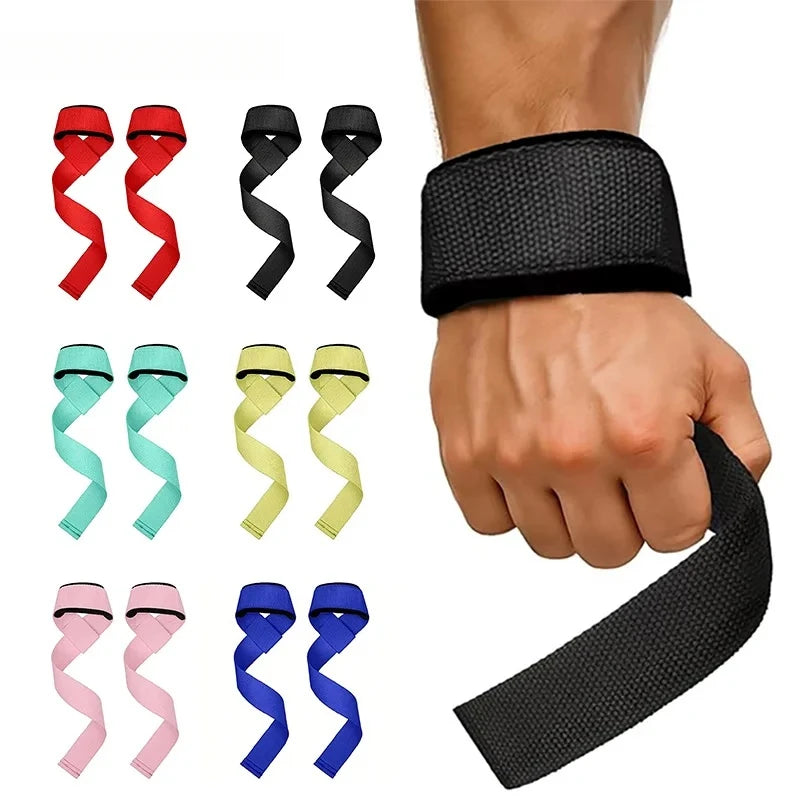 A collection of adjustable weightlifting wrist straps in various colors and designs shown on a hand.