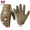A pair of tactical full finger combat gloves in camouflage and olive green colors.