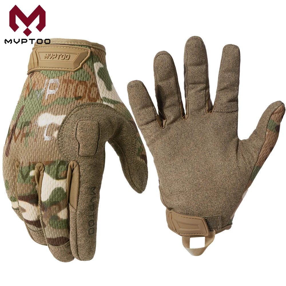 A pair of tactical full finger combat gloves in camouflage and olive green colors.