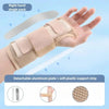 A right hand wearing a beige wrist brace with a pink foam support strip, showing the detachable aluminum plate and soft plast