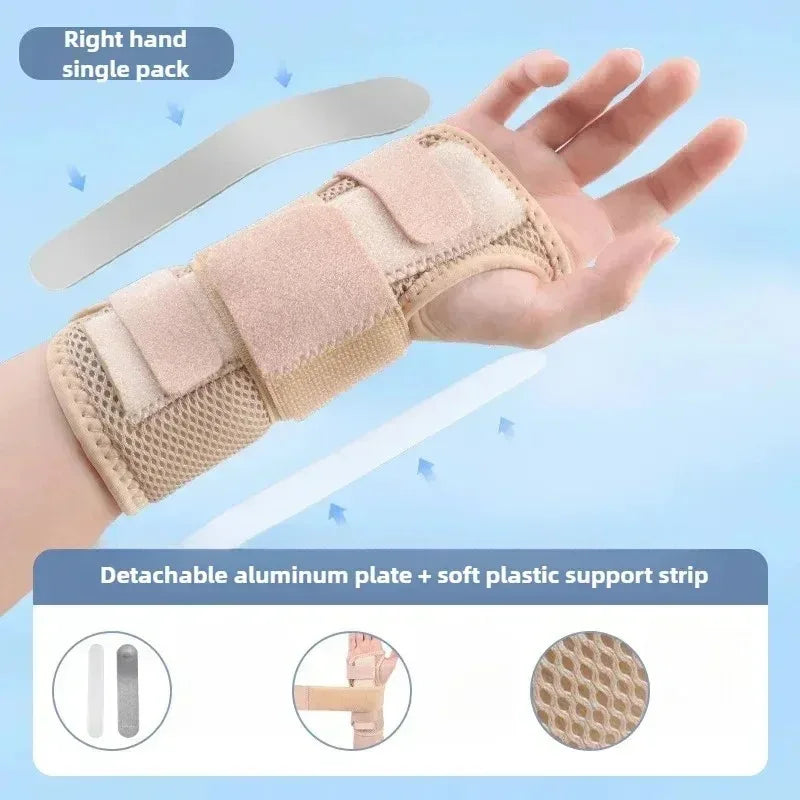 A right hand wearing a beige wrist brace with a pink foam support strip, showing the detachable aluminum plate and soft plast