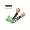 A hand wearing a green and black sports sleeve for UV protection and arm cooling.