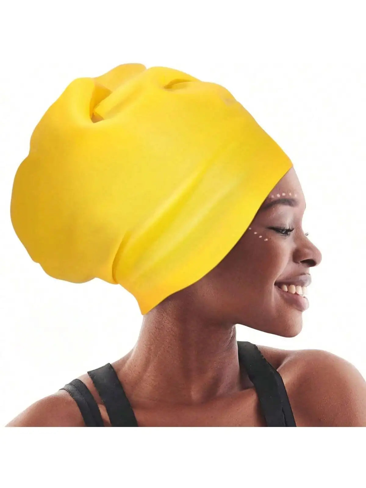 A woman wearing a bright yellow silicone swim cap on her head.