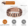 A close-up view of a rose gold copper bracelet with an upgraded fold-over clasp and material specifications.