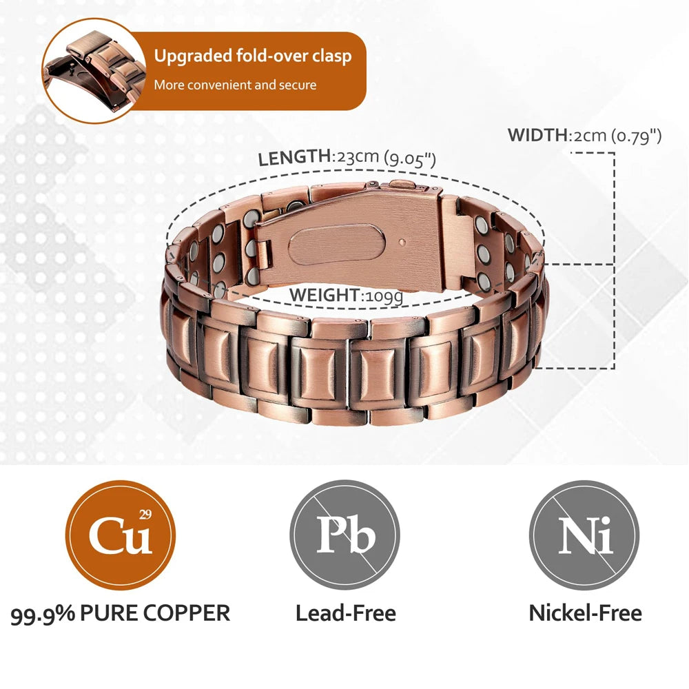 A close-up view of a rose gold copper bracelet with an upgraded fold-over clasp and material specifications.