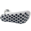 White mid-calf football socks with a repeating black logo pattern.