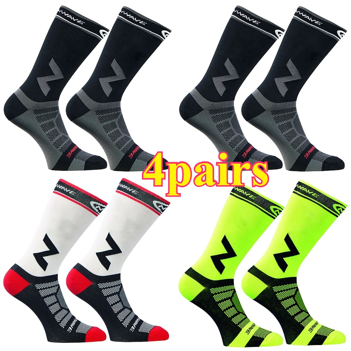 Four pairs of black and gray compression cycling socks shown from the side.